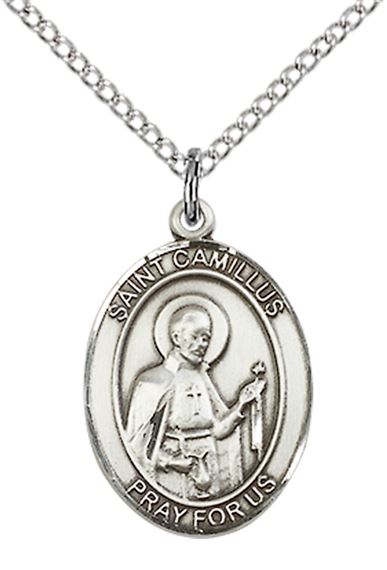 STERLING SILVER ST CAMILLUS OF LELLIS PENDANT ON A CHAIN - 3/4" x 1/2"